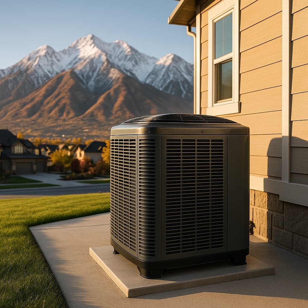 New high-efficiency AC condenser installed beside a Utah home with the Wasatch mountains behind